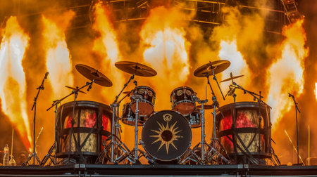 An Explosive Performance, Drums with Fire in Background on Stage, Generative AIの素材