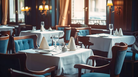 Unforgettable Dining Experience, Elegant Tables Set in Modern Restaurant Atmosphere, Generative AIの素材