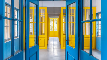 Modern and Spacious School Corridor, Vibrant Blue and Yellow Doors, Generative AIの素材