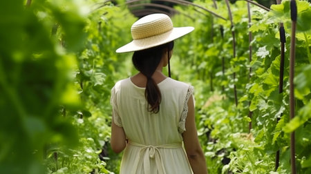 Gardening for Sustainability, Woman Cultivating Her Green Vegetable Garden, Generative AIの素材