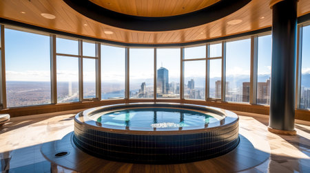 Soak in Luxury, Round bathtub Inside Skyscraper with Breathtaking City View, Generative AIの素材