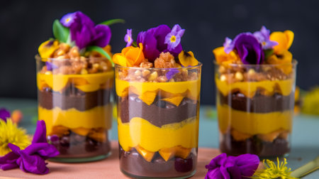 Tropical Exotic Dessert, Colorful Chocolate and Passionfruit Parfait with Purple Leaves, Generative AIの素材