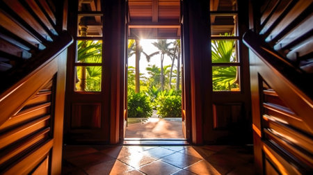 Tropical Getaway, Wooden House Doorway to a Beautiful Exotic Island, Generative AIの素材