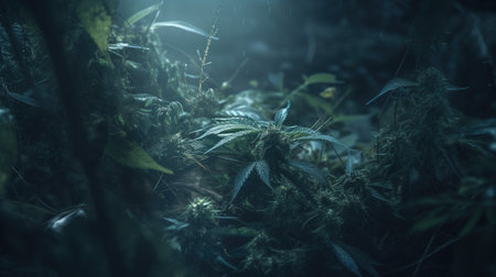 Sustainable Harvest, Cannabis Plants Thriving in an Outdoor Forest Environment, Generative AIの素材