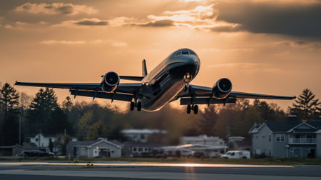 A Safe Arrival, A Commercial Airplane Touching Down on a Small Airport Runway, Generative AIの素材
