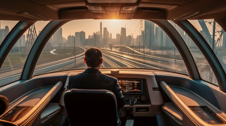 A High-Speed Bullet Train Driver Looking Through the Windshield at the Urban Landscape, Generative AIの素材