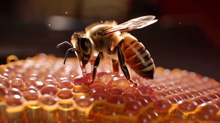 The Art of Beekeeping, a Busy Honeybee Creating Sweet Honey in its Hexagonal Hive, Generative AIの素材
