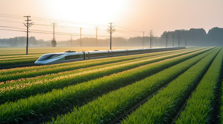 Speed and Efficiency, a Modern Bullet Train Cutting Through the Countryside, Generative AIの素材