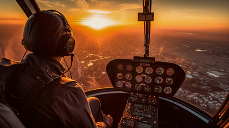 Urban Aerial Maneuvers, A Helicopter Pilot Navigating the City Skyline from the Cockpit, Generative AIの素材