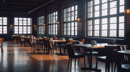 Contemporary Cafe Ambiance, Warm Lighting, Lively Atmosphere, and Delicious Food, Generative AIの素材