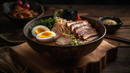 Shoyu Ramen, Japanese Noodle Soup with Soy Sauce-Based Broth and Delicious Seasonings, Generative AIの素材
