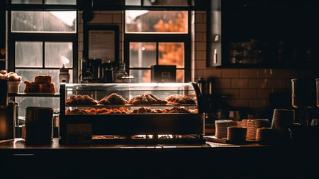 The Inviting and Serene Ambiance of a Modern Cafe Countertop with Pastries, Generative AIの素材