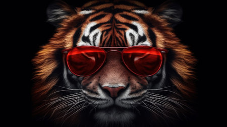 A Close-up Portrait of a Cool Tiger Wearing Trendy Red Sunglasses, Generative AIの素材