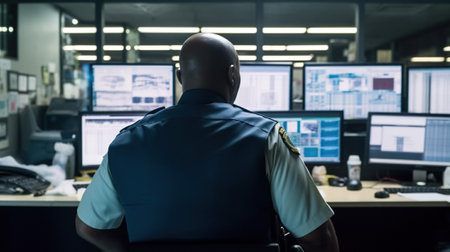 911 Emergency Response, A Police Officer at Work in a Call Center with Multiple Screens, Generative AIの素材