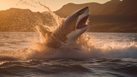 A Large Shark Displaying its Aggressive Nature While Jumping Out of the Ocean, Generative AIの素材