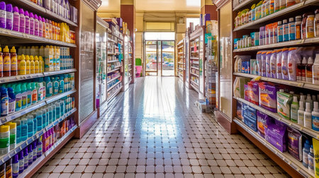 Inside a Supermarket, Long Aisle with Shelves Filled with Products and Hygiene Essentials, Generative AIの素材