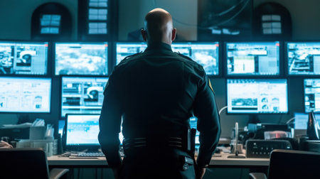 Quick Response to Emergencies, A Dedicated Police Man Working in a 911 Call Center, Generative AIの素材