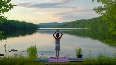 Escape to Serenity, Young Woman Practices Yoga on a Mat Amidst Nature, Generative AIの素材