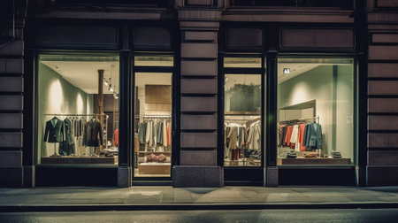 Contemporary Fashion in the Urban Landscape, A Stylish Shop Storefront at Night, Generative AIの素材