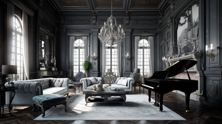 Zoom background, Dark and Moody Luxury, A Living Room with a Classic Piano and Ornate Decor, Generative AIの素材