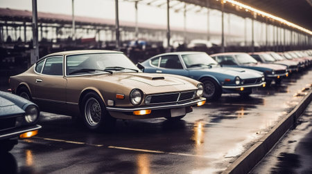 Long Parking Lot Full of New Modern Cars, Generative AIの素材