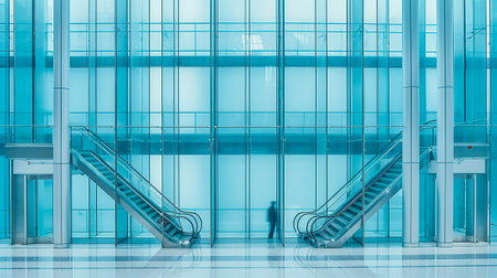 Professional and Elegant Corporate Office Building Entry with Blue Glass Walls, Generative AIの素材