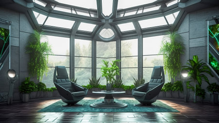 Futuristic Living Room, A Stylish and Elegant Design with Large Window and Green Plants, Generative AIの素材
