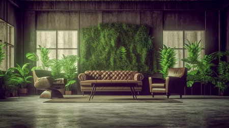 An Industrial Style Living Room with a Unique Wall of Green Plants and Furniture, Generative AIの素材
