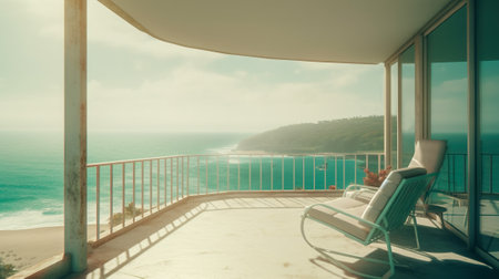 Beachfront Vacation - a Large Cozy Balcony with a Breathtaking View of the Beach, Generative AIの素材