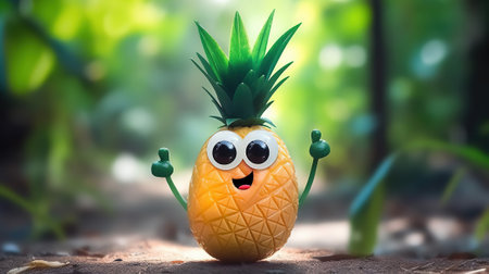 Adorable Pineapple, Cute and Happy Cartoon Character Giving Thumbs Up, Generative AIの素材