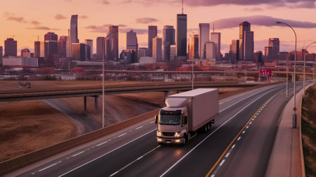 Streamlined cargo transportation, Large truck driving on the highway, Generative AIの素材