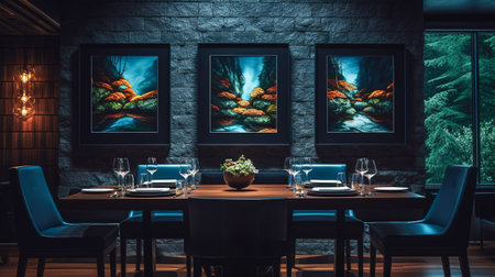 A taste of elegance, Stylish tables set the scene at a modern upscale gourmet restaurant, Generative AIの素材