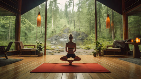 Mind, Body, and Nature, Yoga with Forest View in a Modern Studio for Ultimate Wellness, Generative AIの素材
