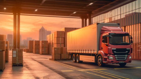 Smooth Shipping Process, Loaded Boxes onto a Modern Delivery Truck at a Distribution Center, Generative AIの素材