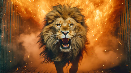 Fiery Majesty, Witness the Power of an Angry Lion Emerging from Fire and Smoke, Generative AIの素材