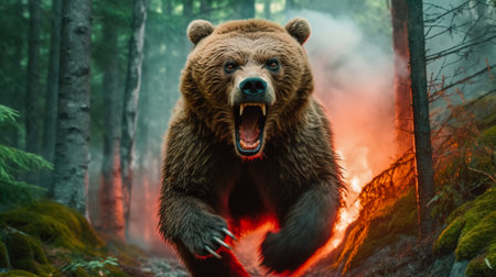 Wilderness Wrath, Capturing the Ferocious Power of an Angry Bear Amidst Fire and Smoke, Generative AIの素材