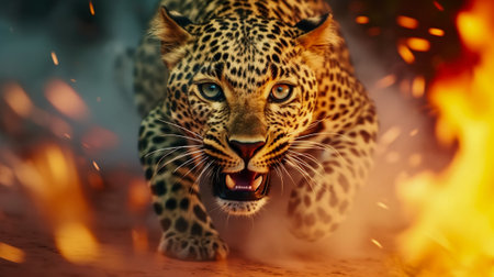Capturing the Menacing Power of an Angry Cheetah Running through Fire and Smoke, Generative AIの素材