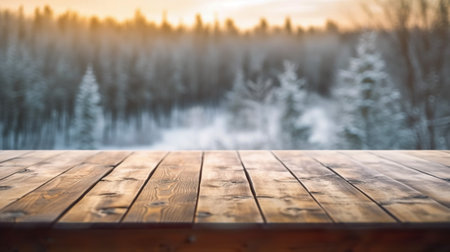 Forest Tranquility, Empty Wood Table Top with a Blurry Forest Landscape Background, Generative AIの素材