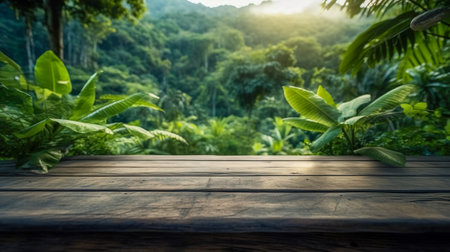 Exotic Escape, Product Display with an Empty Wood Table Top in a Blurry Jungle Setting, Generative AIの素材
