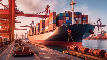 Maritime Logistics, Exploring the Operations of a Cargo Ship with Containers at a Busy Port, Generative AIの素材