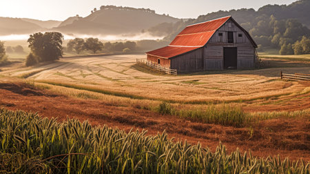 Embrace the Timeless Beauty of an Old Barn in a Picturesque Field, Generative AIの素材