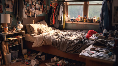 Teenage Mess, Exploring the Cluttered Realm of a Modern Teenager's Bedroom, Generative AIの素材