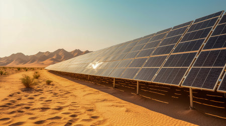 Harnessing Solar Energy, A Row of Clean Solar Panels for Sustainable Power Generation, Generative AIの素材