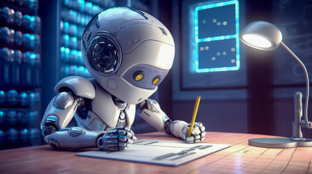 Futuristic Chatgpt, A Cute Humanoid Robot Engaged in Writing with Pen and Notebook, Generative AIの素材