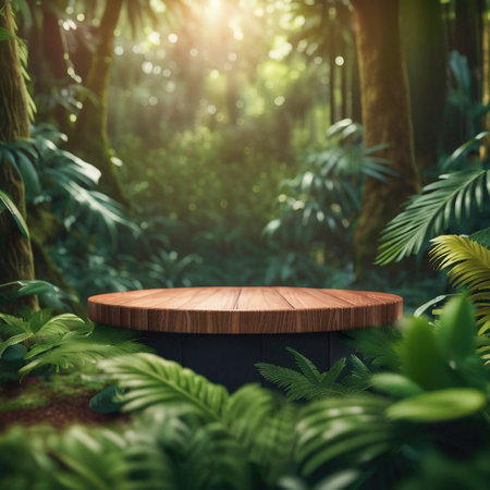 Jungle Serenity, Showcasing Products on a Round Wood Podium in a Lush Jungle Setting, Generative AIの素材