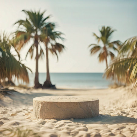 Coastal Showcase, Round Stone Podium for Product Display on a Beach with Palm Trees, Generative AIの素材