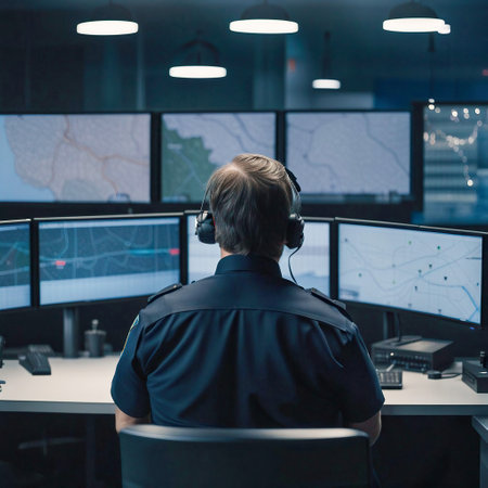 Police Officer Working in a Modern 911 Call Center with Large Screens, Generative AIの素材