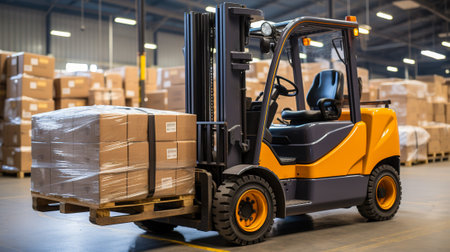 Streamlined Logistics, Bright Warehouse with Forklift Moving Boxes, Generative AIの素材