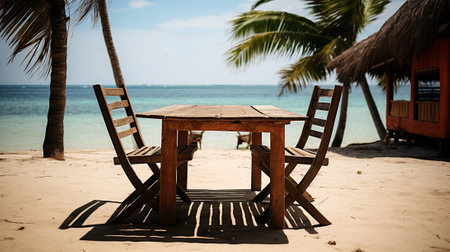 Tropical Retreat: Relaxing at a Table with Chairs on a Beach Oasis, Generative AIの素材