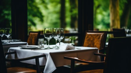 Stylish Dining Experience: Tables Set for a Memorable Meal in a Large Restaurant, Generative AIの素材